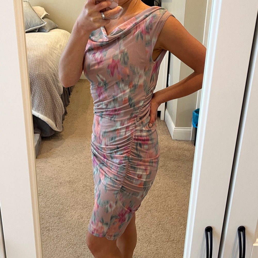Steve Madden Watercolor Ruched Cowl-Neck Midi Dress in Pink, Gray and Teal - Picture 2 of 6